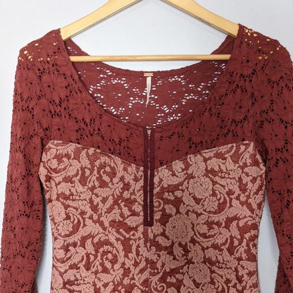 Free People Red Lace Long Sleeve Floral Mini Dress - Picture 3 of 9
